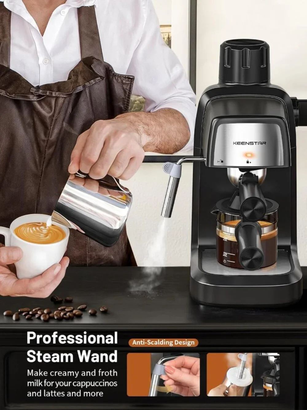 Compact 4-Cup Espresso Machine, 800W, 3.5 Bar Pressure, Preheat Function